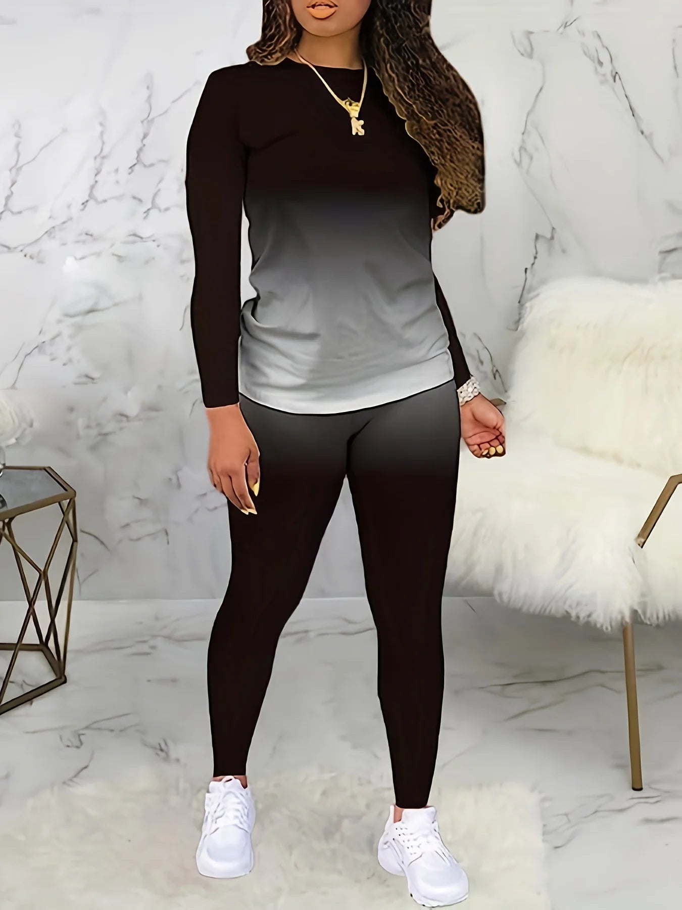 Plus size European and American cross-border spring and autumn new round neck gradient long sleeve trousers casual suit black