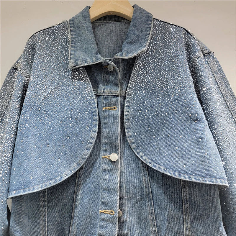 New Heavy Industry Bright Diamond Shiny Short Long Sleeve Cardigan Coat Vest Denim Two-piece Set For Women 11A07630