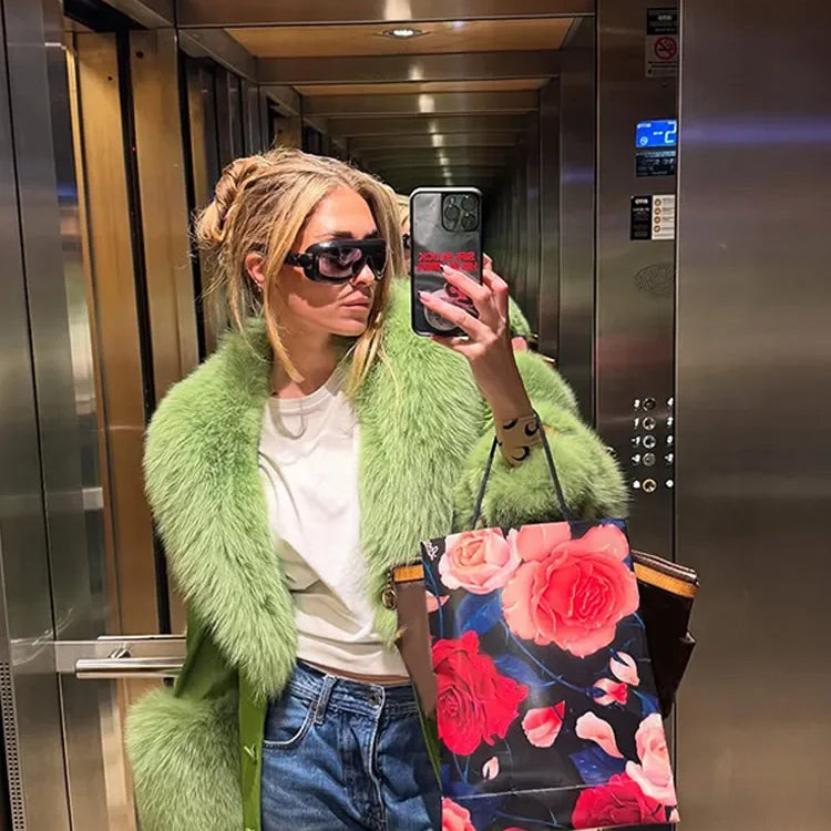 Green Luxury Fluffy Faux Fur Jacket Women Fashion Lapel Long Sleeve Loose Warm Coat 2025 Winter Lady High Street Outerwear