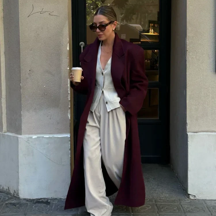 Fashion Burgundy Red Double Breasted Oversized Overcoat Women Casual Lapel Pockets Long Sleeve Coats Female High Streetwear