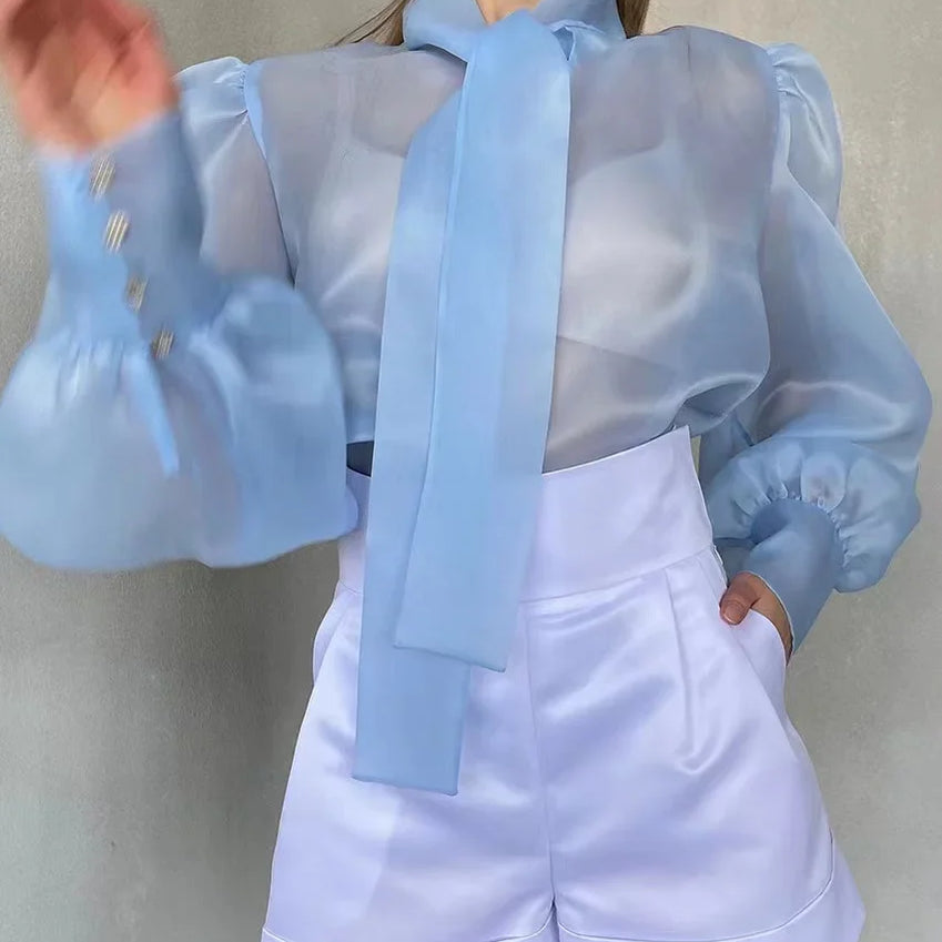 New Mesh Shirts Women Elegant Puff Sleeve Bow Lace Up Blouses Office Ladies Fashion Solid Color Casual Loose Sexy Blouse