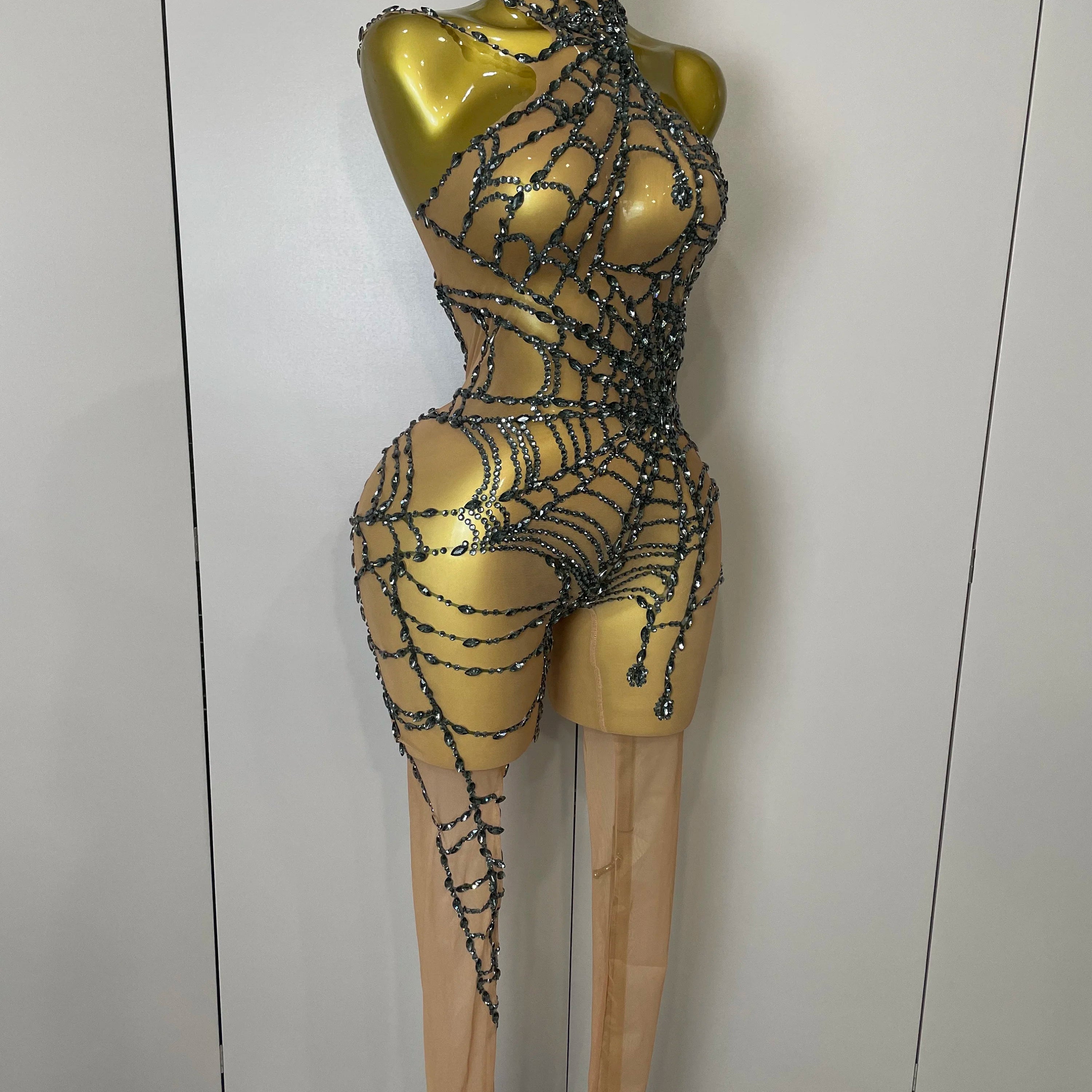 STOCK 2025Women Sparkly Diamond Sexy Mesh Jumpsuit Nightclub Bar Party Show Gogo Dancer Clothing Drag Queen Outfit Stage Costume