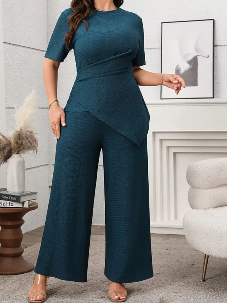 Plus Size Summer 2 Two Piece Set Women Irregular Slim Waist Fashion Ladies Blouses Wide Leg Loose Pleated Woman Long Pants