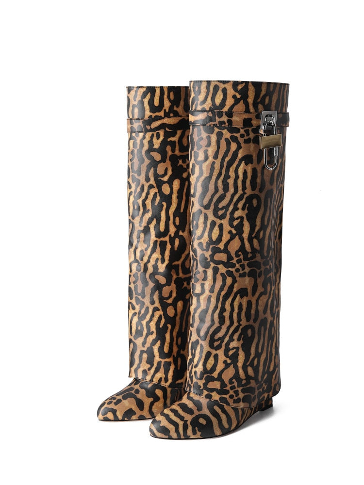 Women's Knee High Boots Shark Lock Long Thick Soled High-heeled Boots Designer Luxury Brand Women's Leather Boots