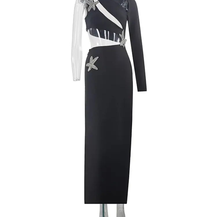 Ailigou New Women's Black Sexy Hollow Diamond Starfish Long Sleeve Tight Long Bandage Dress Elegant Celebrity Party Dress