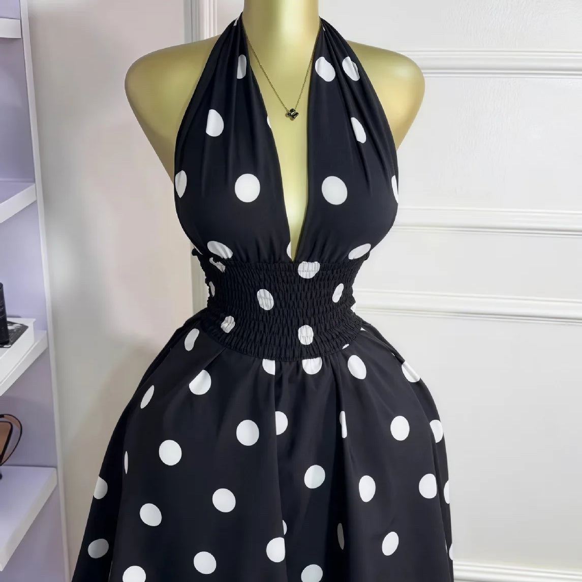 CM.YAYA Women Dot Printed Sleeveless Halter V-neck Big Swing A-line Mini Dress 2025 Summer Vacation Sexy Party Evening Dresses