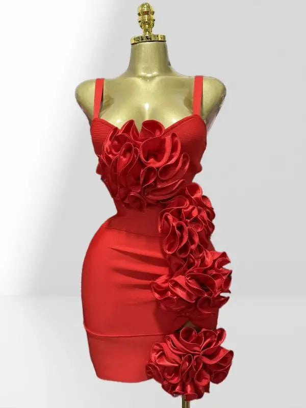 New Summer Stereoscopic Flowers Sexy Hollow Out Spaghetti Red Bandage Mini Dress Sweet Woman Party Dress Birthday Party Vestido Red