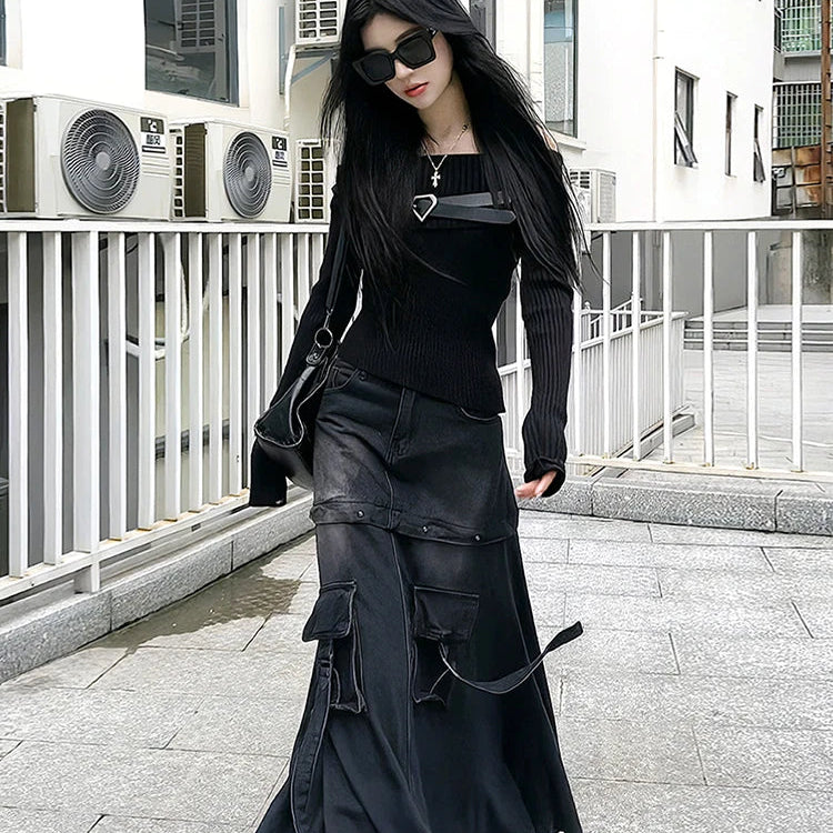 Black Denim Skirt Thin Office Lady Vintage Fashion Pockets Autumn Winter High Waist A-Line Skirt New Design Gothic