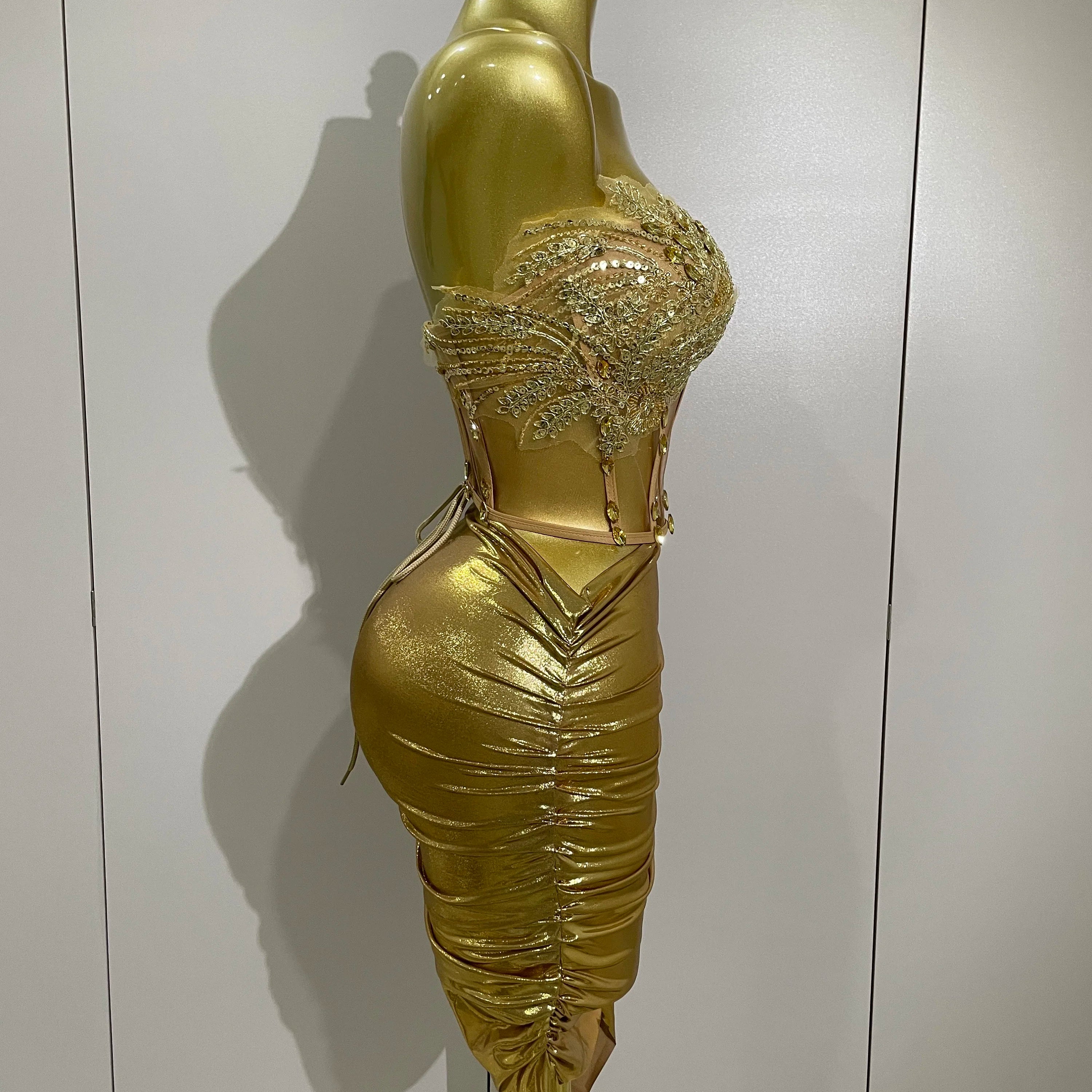 Sparkly Gold Sexy Top Two Pieces Short Skirt Set 2025 Women Celebrate Birthday Dress Party NightClub Dancer Show Stage Outfit