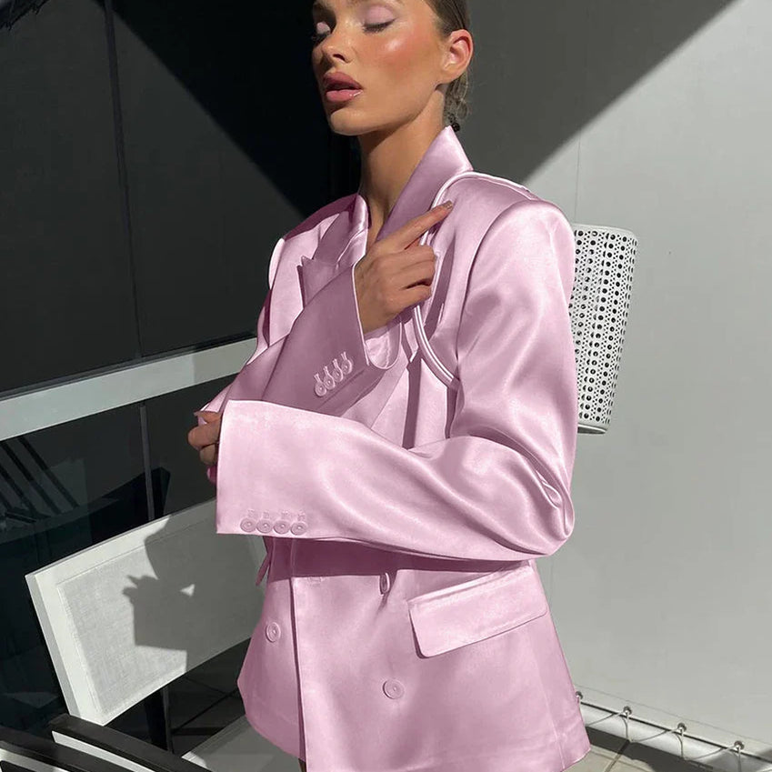 Clacive Fashion Loose Pink Satin 2 Piece Sets Women Outfit Elegant Long Sleeve Blazer With Mid Waist Mini Skirts Set Female