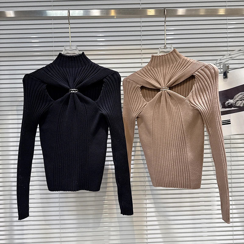 Winter New Fashion Style Detachable Buckle Hollow Design Slim Knitted Sweater For Women Solid Color Top 11A07641
