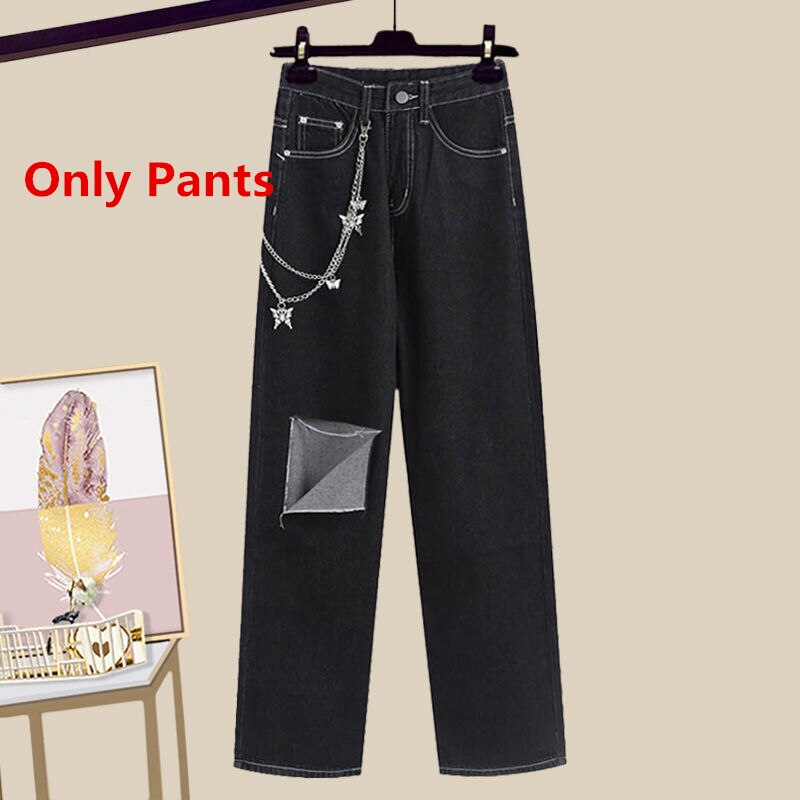 Women Spring Summer Fashion Suit Letter White Shirts Chain Vest Denim Wide Leg Pants 3 Piece Set Lady Casual Streetwear Outfits Only Pants