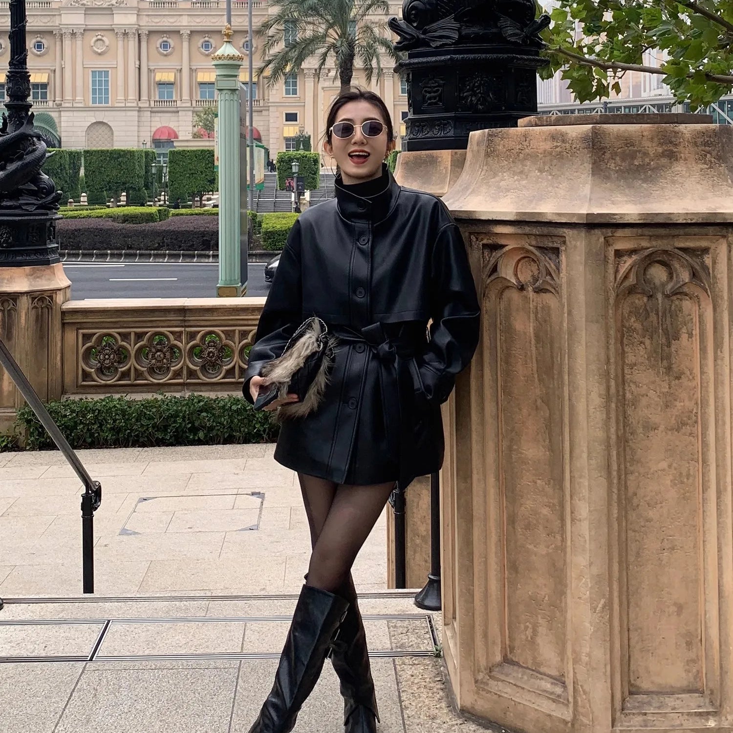 Lautaro Spring Autumn Black Soft Pu Leather Jacket Women Sashes Stand Collar Long Sleeve Elegant Luxury High Quality Clothing