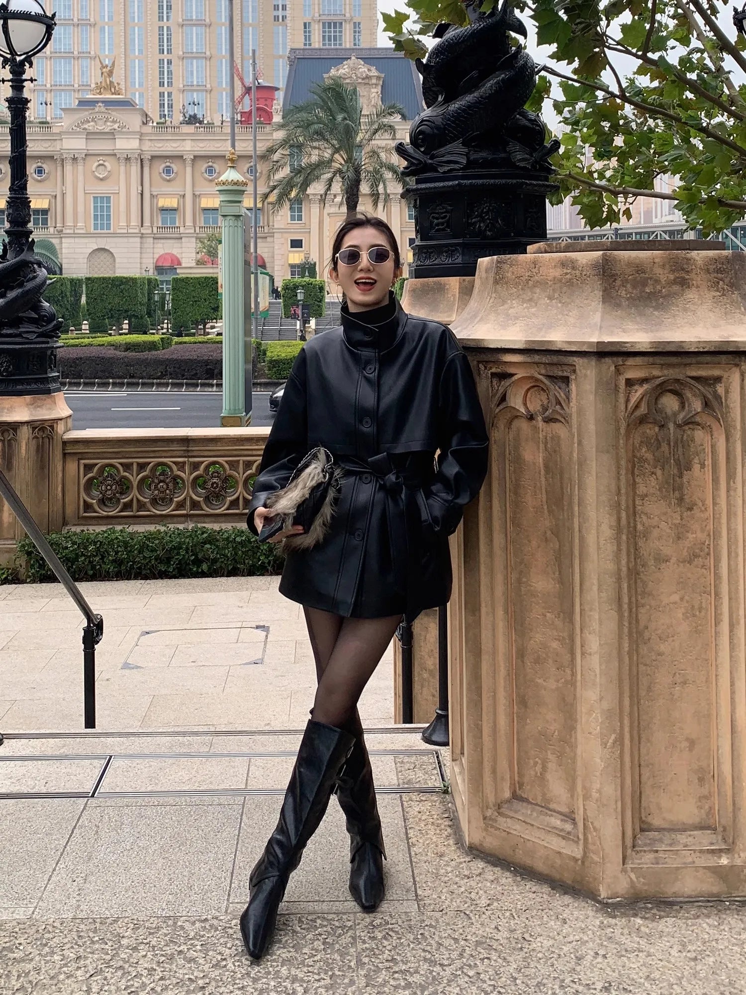 Lautaro Spring Autumn Black Soft Pu Leather Jacket Women Sashes Stand Collar Long Sleeve Elegant Luxury High Quality Clothing