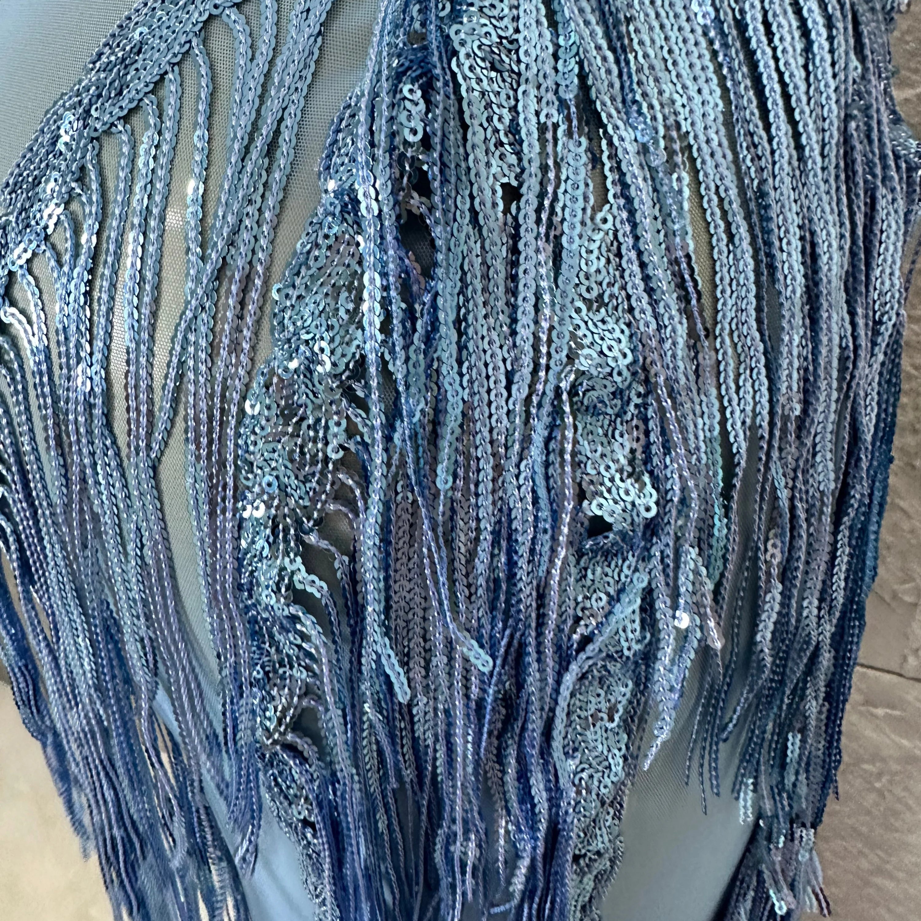 Refined Blue Spaghetti Strap Mini Dress Women Sheer Mesh Rhinestone Fringe Embellished Latin Dance Performance Costume