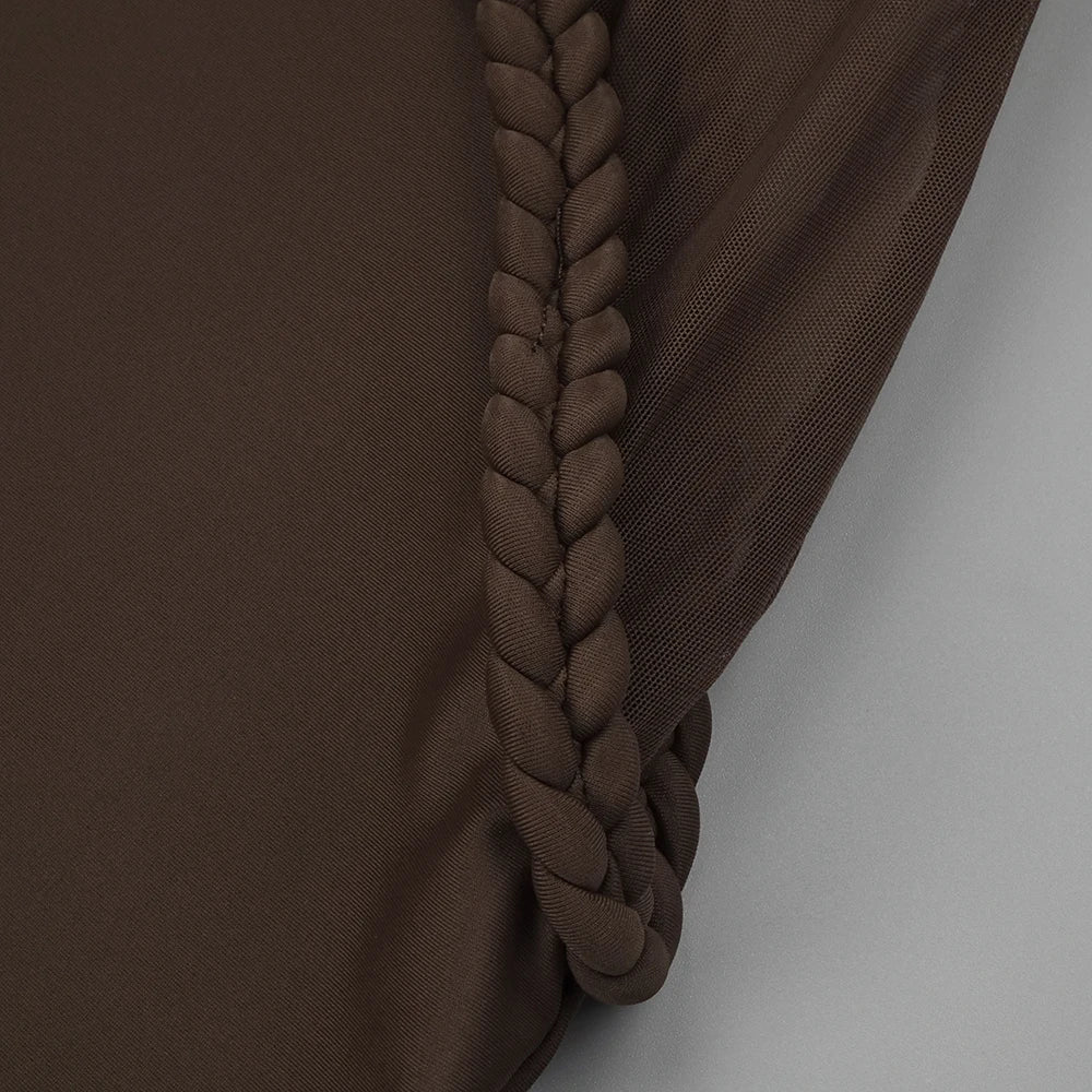 Sophisticated Brown High-Neck Long Sleeves Dress with Sheer Mesh Corset Accent for Party Evening Gown