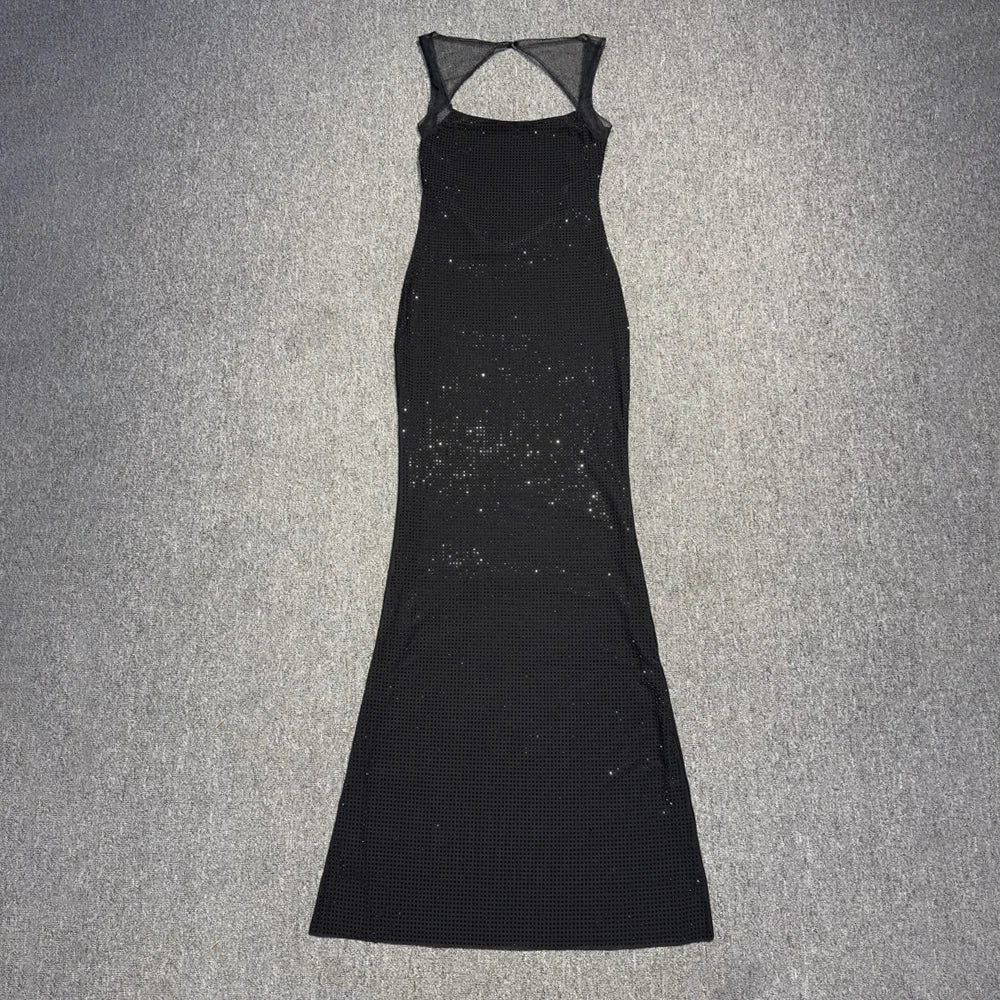 Multi Colours Shiny Rhinestones Mesh Patchwork Long Dress For Women Backless Slim Bodycon Evening Party Cocktail Gowns black