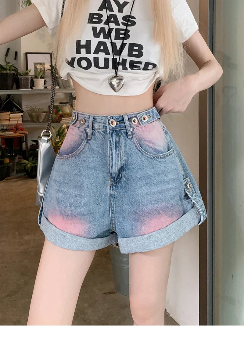 Women's Summer American Retro Jeans Blue Black High Street Button Washed Painted Y2K Design Loose Wide Leg Denim Shorts New