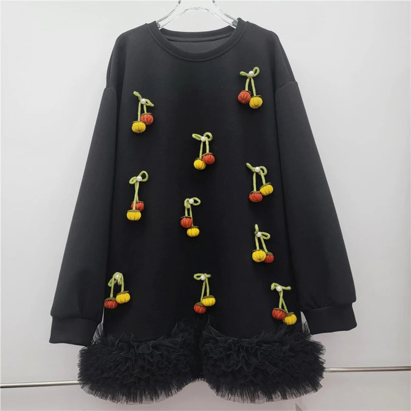 Autumn New Versatile Elegant Three-Dimensional Decorative Patchwork Puffy Mesh Long Sleeve Hoodie For Women 11A07702 Black One Size