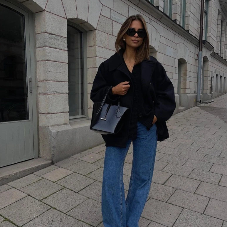 Women Fashion Wool Lapel Coats Vintage Cape Sleeve Casual Single Breasted Pockets Jackets Autumn Winter Female Chic Streetwear Black