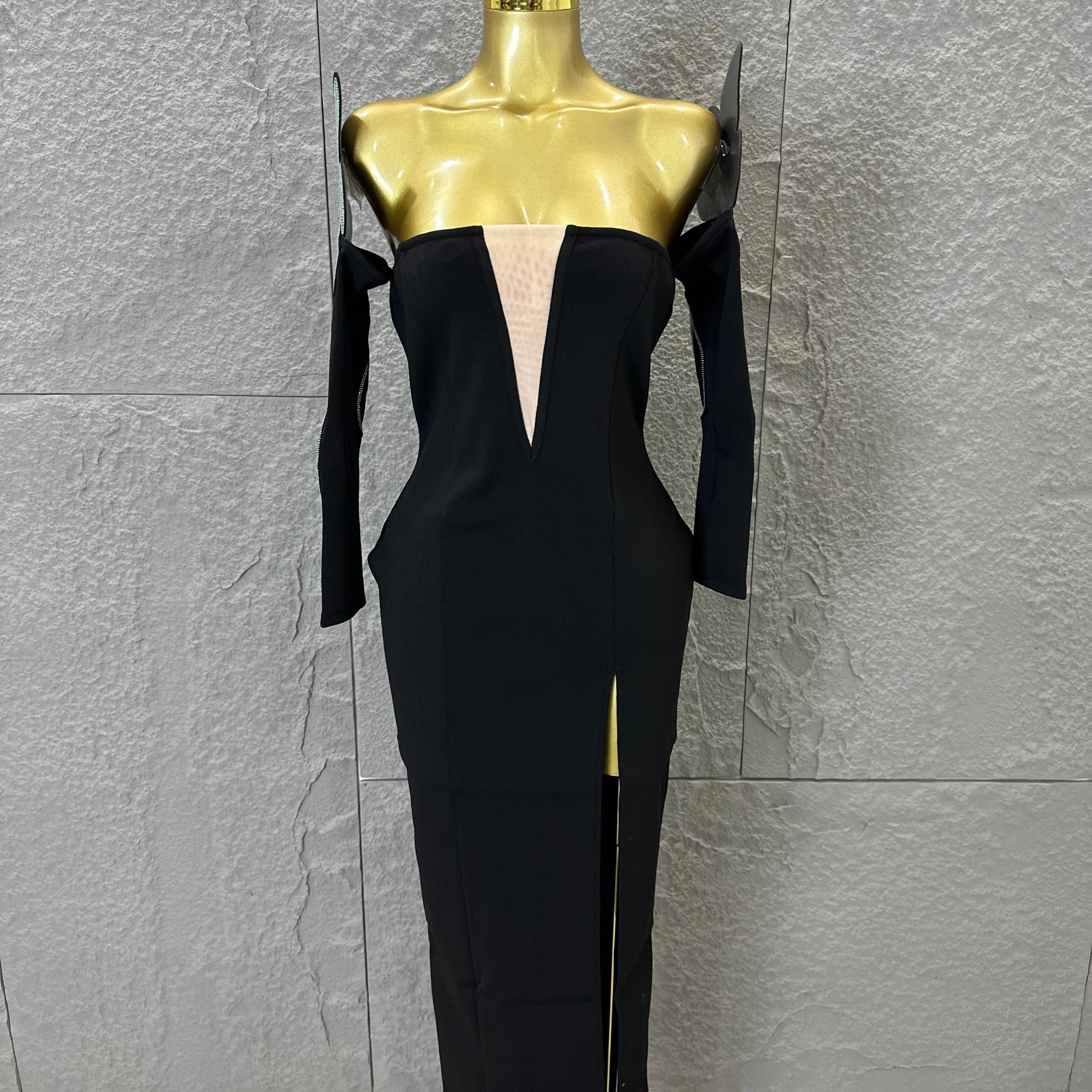 High QualityBlack Off-Shoulder Bodycon Midi Dress Women Sexy Sheer Mesh Plunge V Neck Long Sleeve High Slit Cocktail Outfit