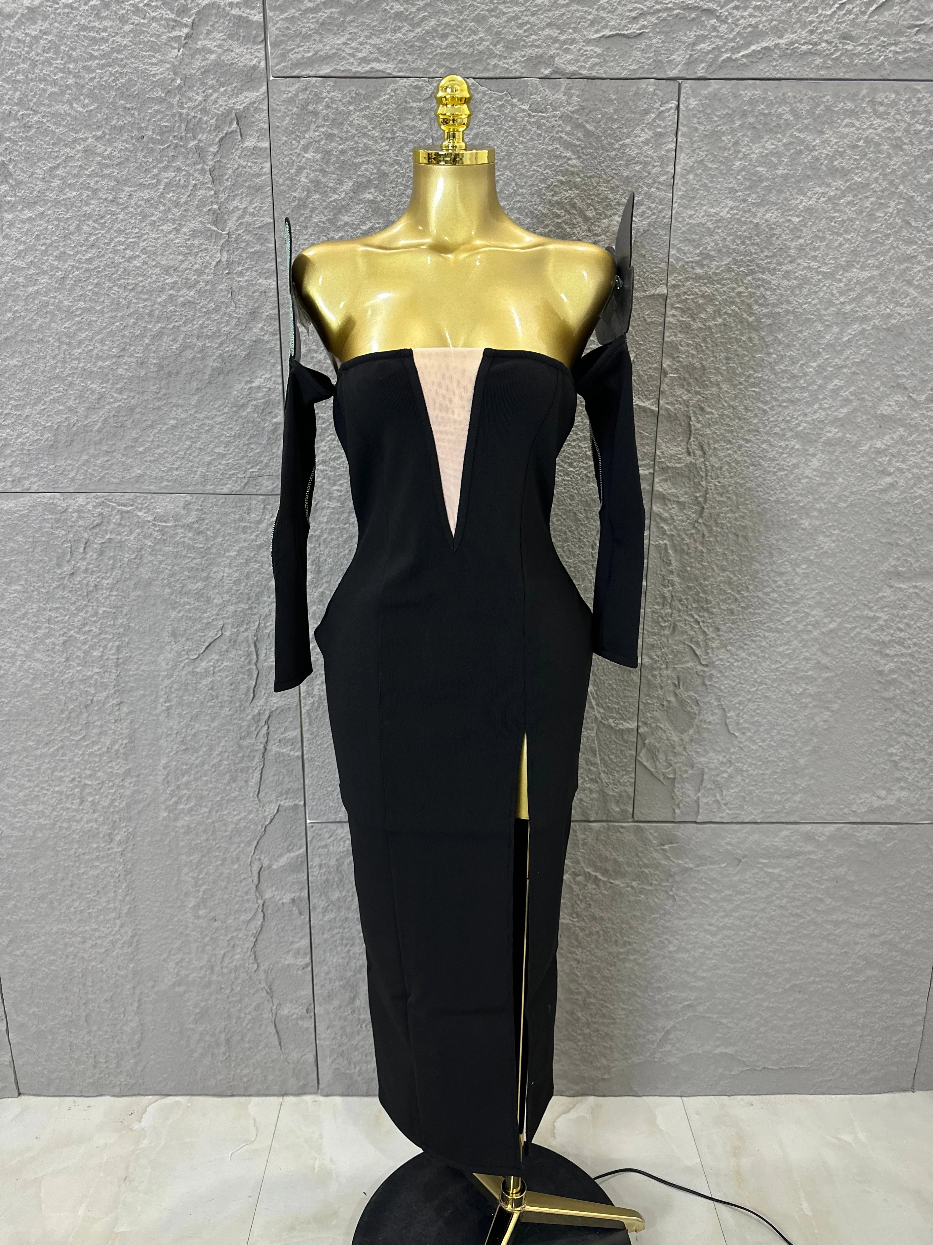 High QualityBlack Off-Shoulder Bodycon Midi Dress Women Sexy Sheer Mesh Plunge V Neck Long Sleeve High Slit Cocktail Outfit