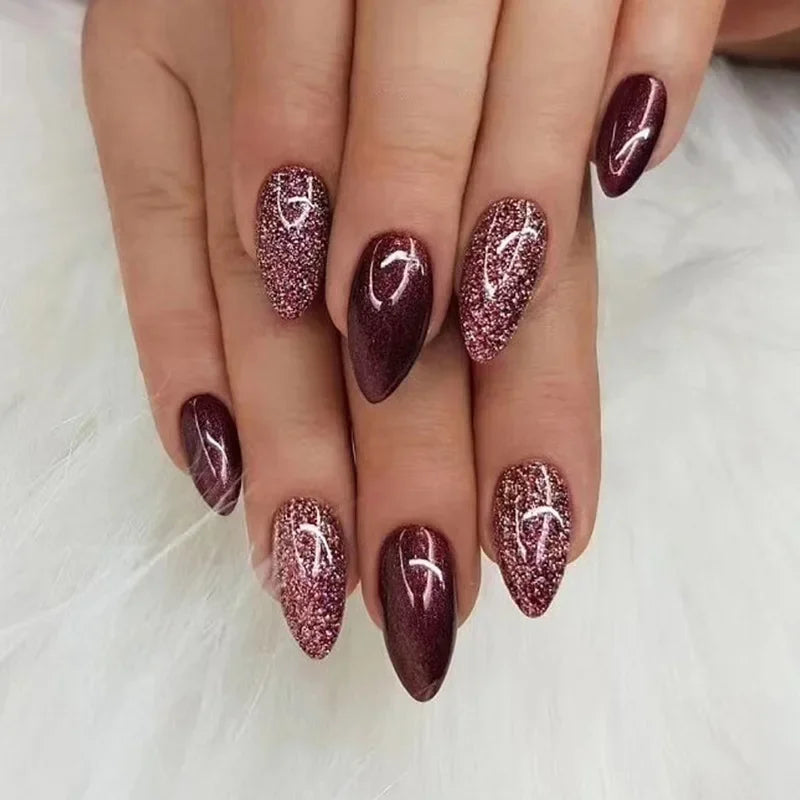 24Pcs Simple Wine Red Fake Nail with Glue Mid-length Almond Press on False Nails Wearable Round Head Oval Full Cover Nail Tips 1061