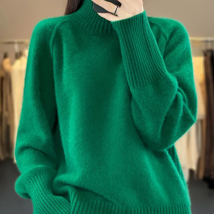 Women Turtleneck Sweater Autumn Winter Basic Pullover 100% Merino Wool Long Sleeves Cashmere Knitted Jumper Female Clothing Tops green