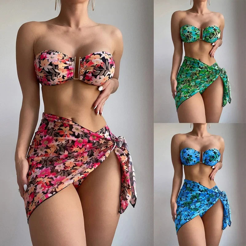 Swimsuit Women's Split Three-Piece Printed Metal U-Shaped Bikini Bikini Swimsuit