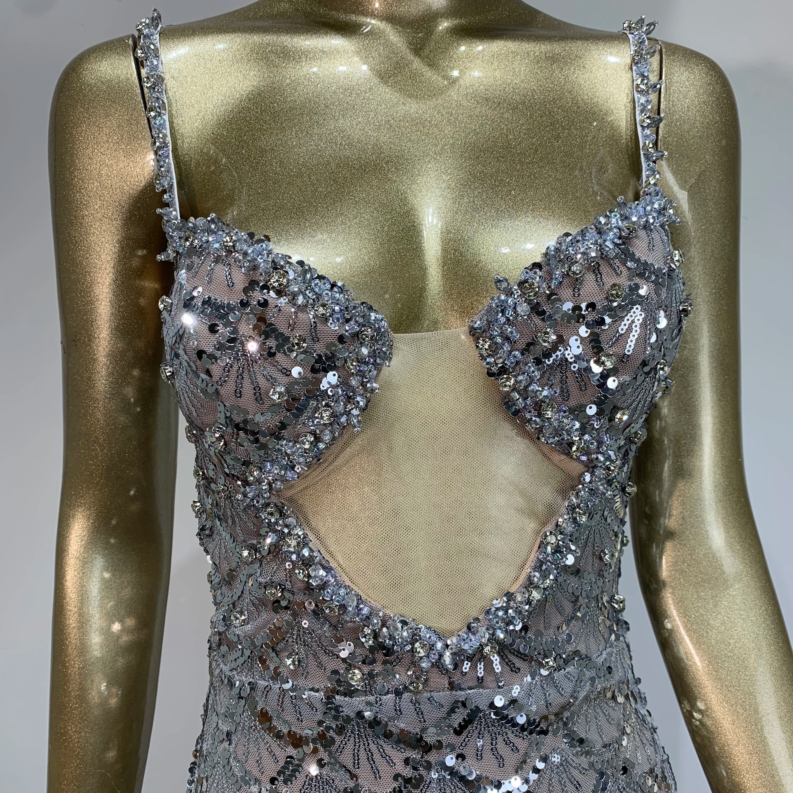 Women Sexy V Neck Backless Sequins Mesh Sparkly Silver Maxi Long Dress 2024 Elegant Party Evening Outfit Vestido