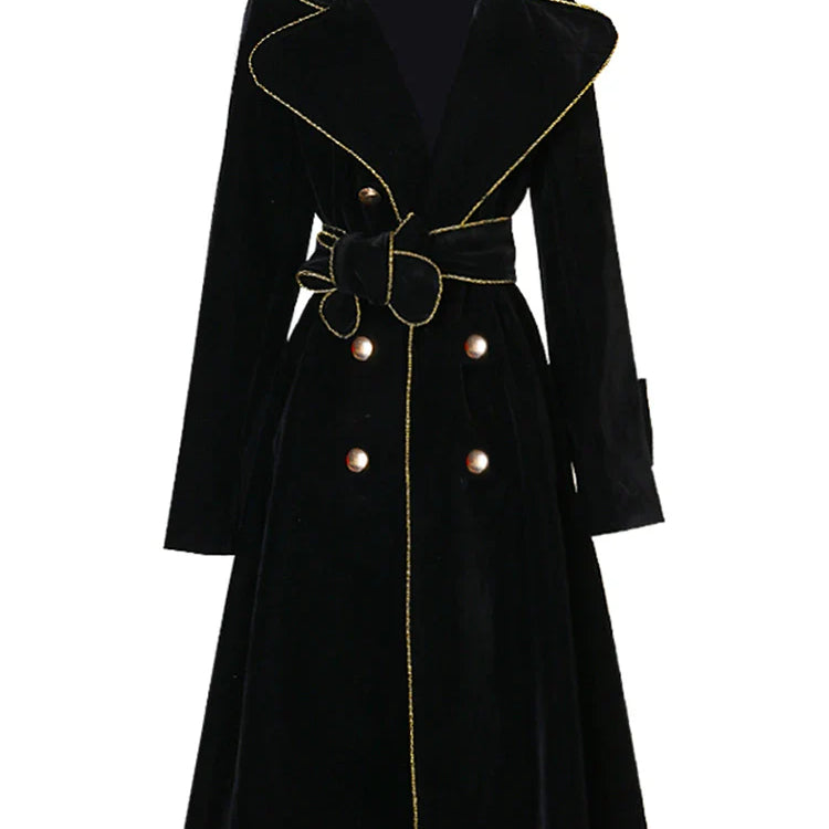 Spring Autumn Long Black Velvet Trench Coat for Women with Gold Trim Sashes Double Breasted Luxury Designer Fashion 2022