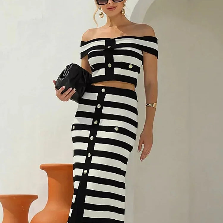 VC Stylish Black & White Color Block Off-Shoulder Striped Ensemble with Button Midi Dress Suit for Date Night Glam Gown
