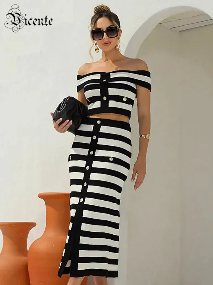 Stylish Black & White Color Block Off-Shoulder Striped Ensemble with Button Midi Dress Suit for Date Night Glam Gown
