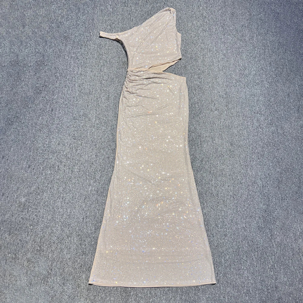 Fashion One-Shoulder Sleeveless Sequin Detail Long Dress for Party Evening Gown Beige