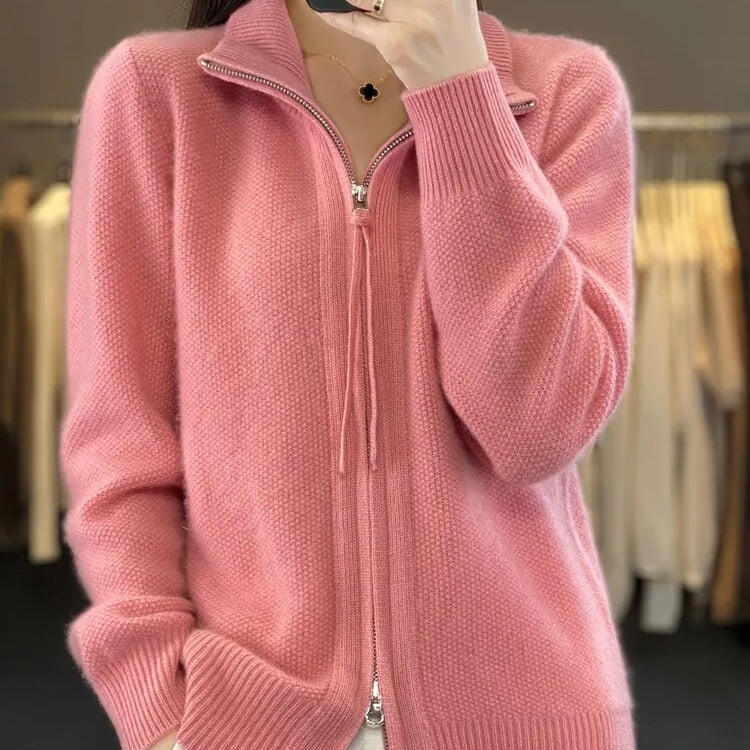 Women's Wool Knitting Sweater Clothing Autumn/Winter Casual Loose Top Fashion Korean Cashmere Large Zipper Jacket Pink