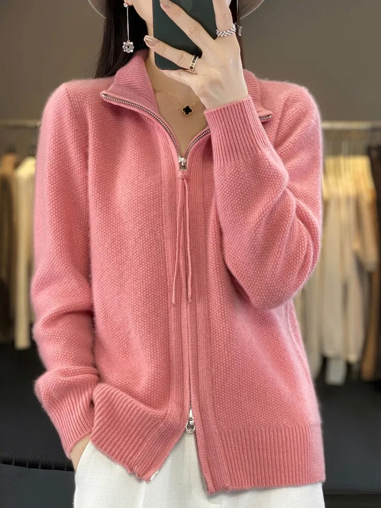 Women's Wool Knitting Sweater Clothing Autumn/Winter Casual Loose Top Fashion Korean Cashmere Large Zipper Jacket Pink