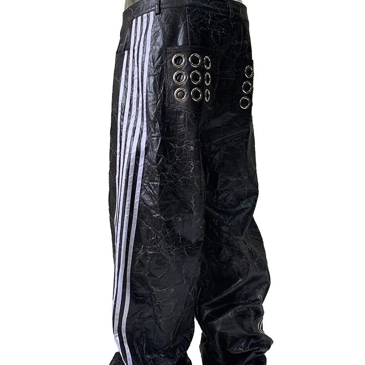 Lautaro Autumn Long Black Faux Leather Wide Leg Pants for Mens with Side Stripes Holes Luxury Emo Streetwear European Fashion