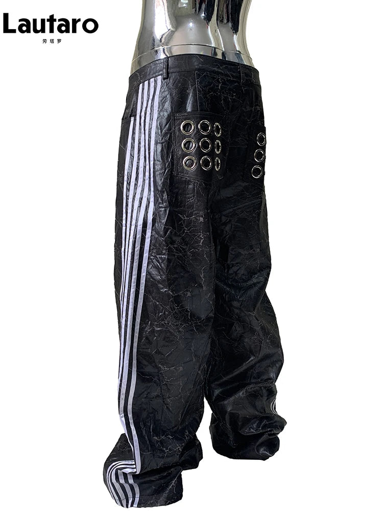 Lautaro Autumn Long Black Faux Leather Wide Leg Pants for Mens with Side Stripes Holes Luxury Emo Streetwear European Fashion