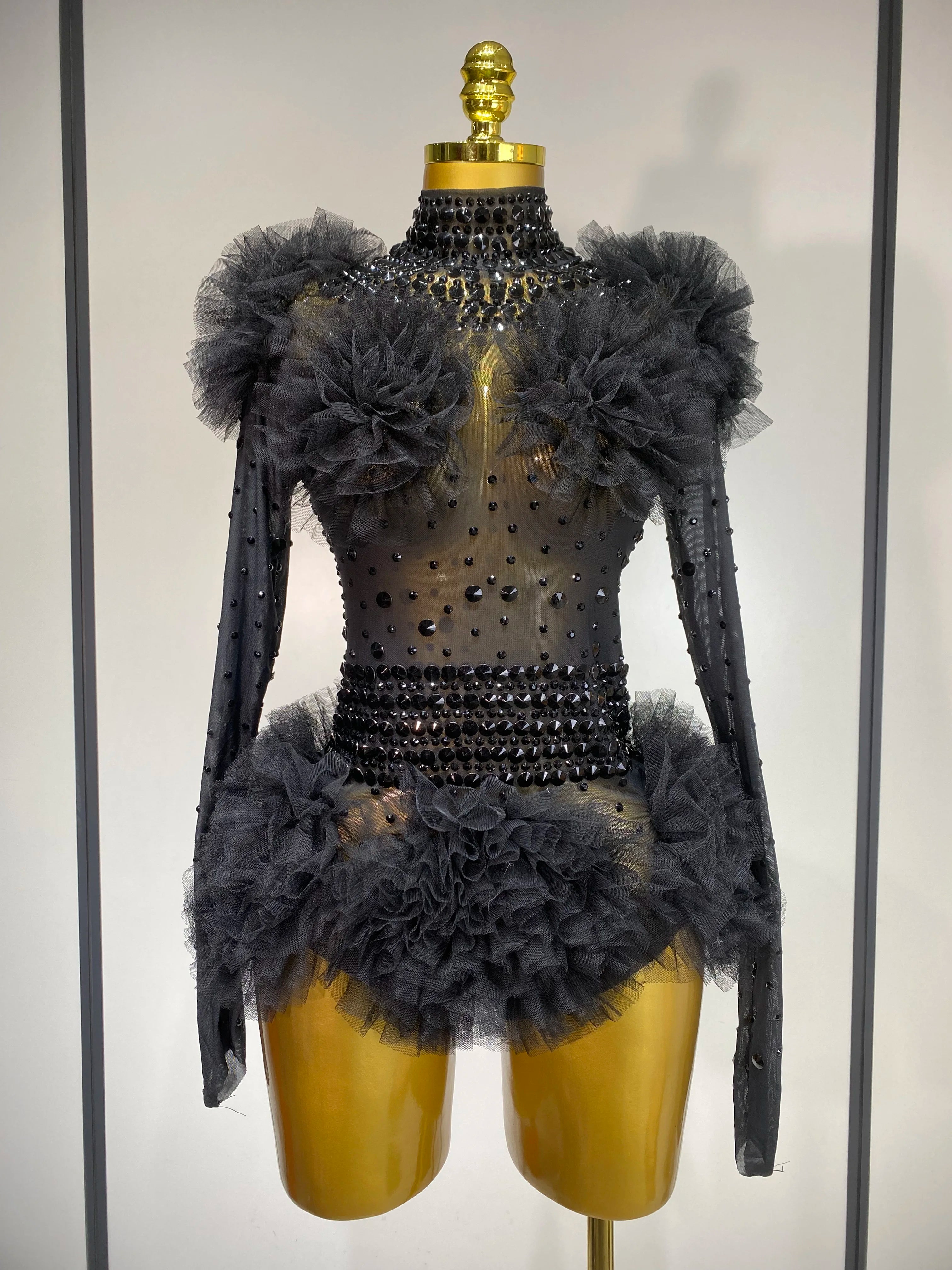 Sexy See Through Luxury Rhinestone Bodysuit Women Sexy Bodycon Mesh Ruffles Performance Dance Singer Nightclub Stage Outfit black