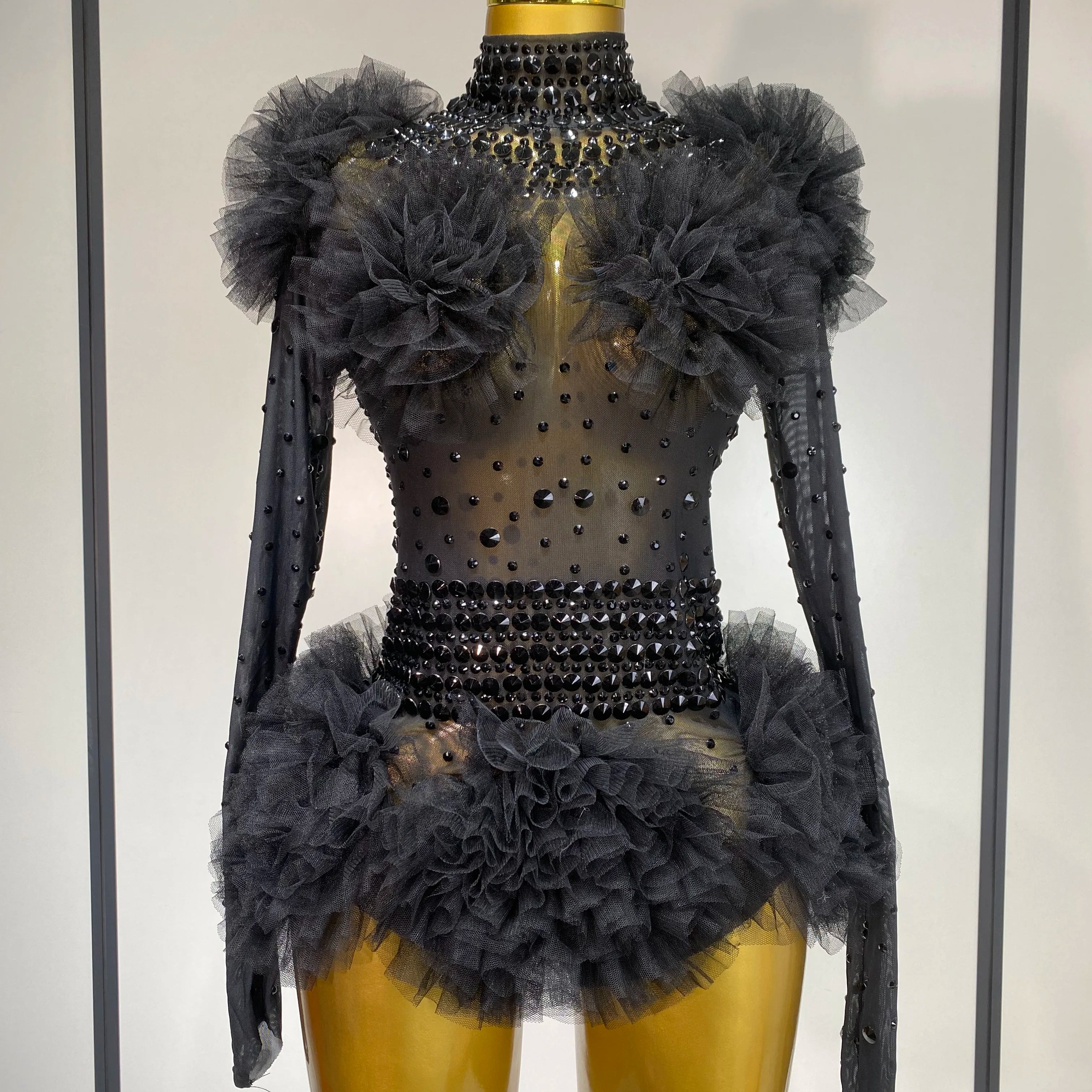 Sexy See Through Rhinestone Bodysuit 2025 Women Sexy Tight Mesh Ruffles Performance Dancer Singer Costume Nightclub Stage Outfit black