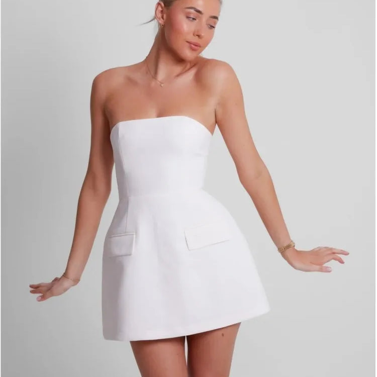 Sexy Solid Strapless Mini Dress For Women Elegant Slim Backless Pockets A-line Dresses Female Chic High Street Vestido Robe