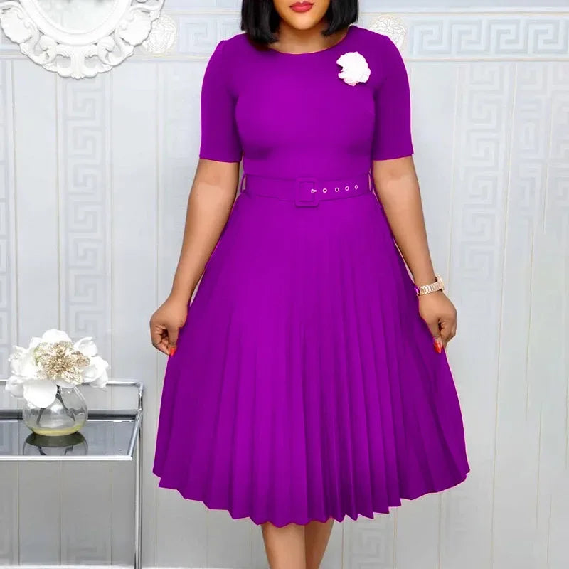 Summer Midi Pleated Dress Short Sleeve Office Lady Africa Sashes Women High Waist Elegant Dresses Vestidos Fuchsia