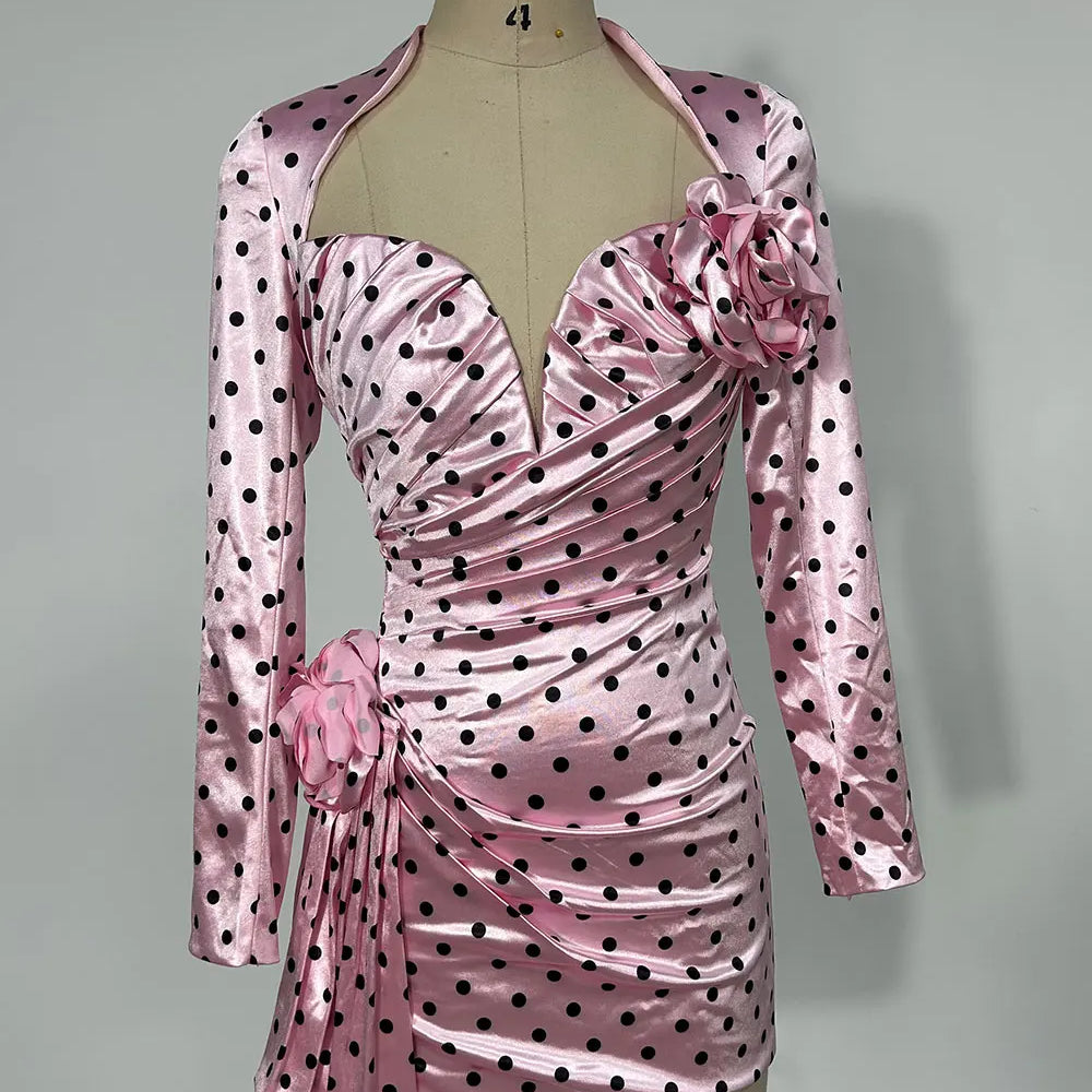 2025 Sexy Women'S Three-Dimensional Flower Patchwork Polka Dot Dress V-Neck Long Sleeved Draped Bodycon Pink Mini Dress Vestidos Pink