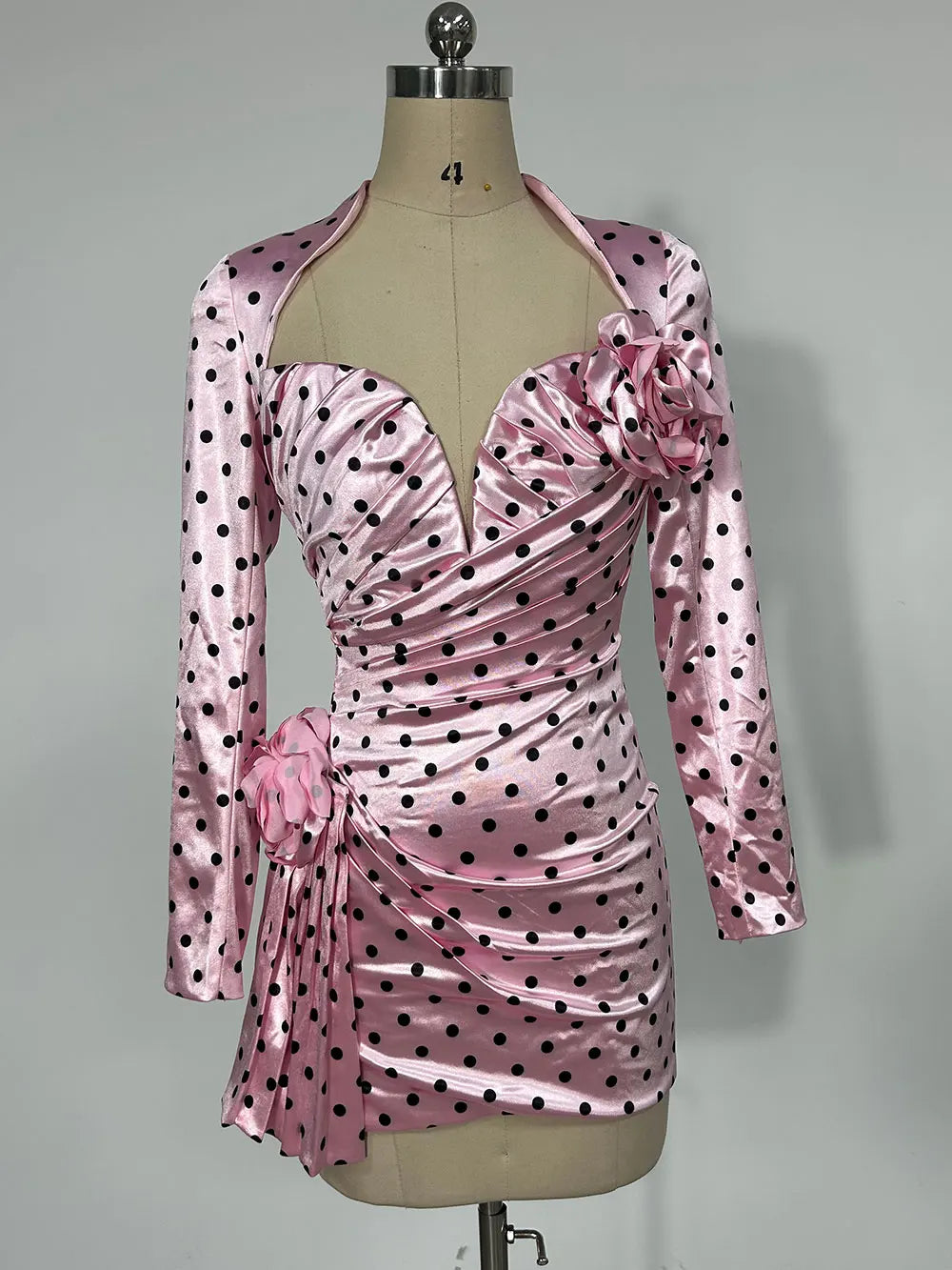 2025 Sexy Women'S Three-Dimensional Flower Patchwork Polka Dot Dress V-Neck Long Sleeved Draped Bodycon Pink Mini Dress Vestidos Pink