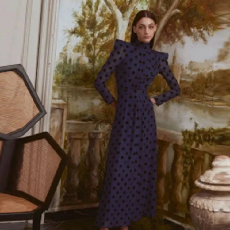 Elegant Polka Dot Printed Women's Slit Maxi Dress Chic Mock Neck Shoulder Pads Backless Robe Spring Female Fashion Vestidos Blue