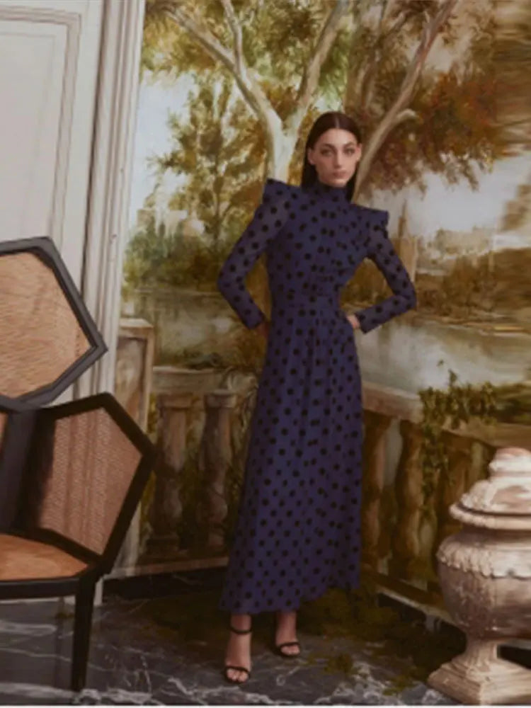 Elegant Polka Dot Printed Women's Slit Maxi Dress Chic Mock Neck Shoulder Pads Backless Robe Spring Female Fashion Vestidos Blue