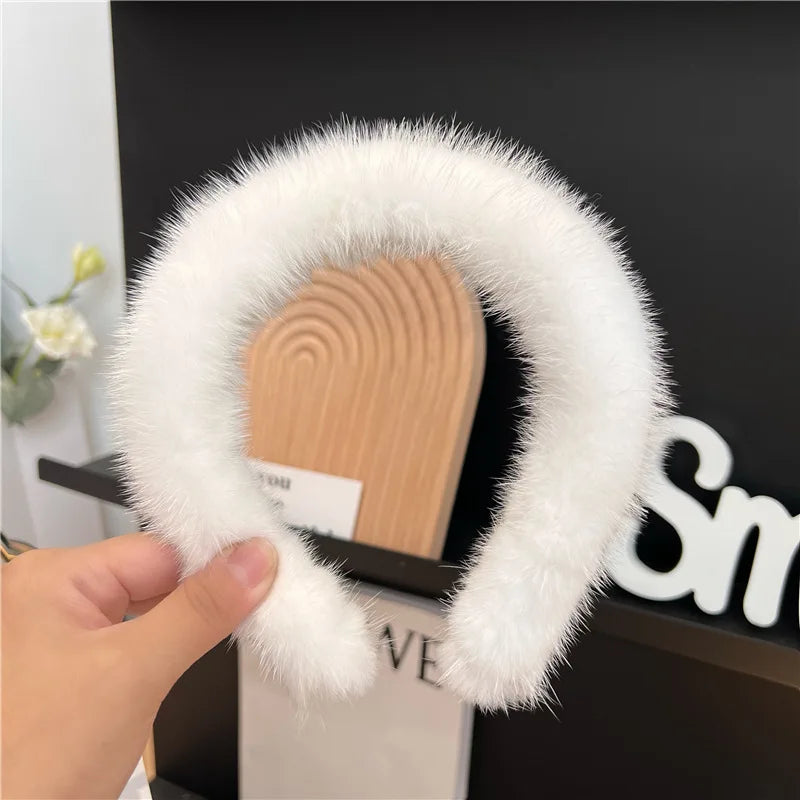 Hot Sale Women Luxury winter 100% Real Mink Fur Headbands Real Fur Hair Band Lady Fashion Hair Hoop Furry Gift White