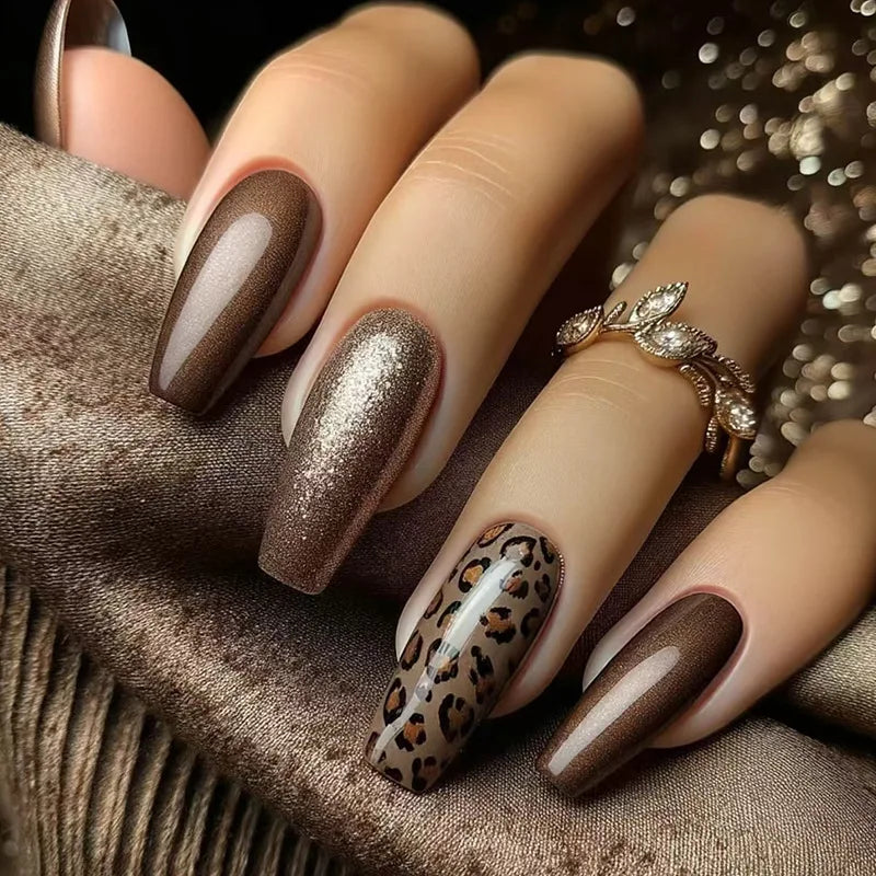 24Pcs Fashion Fake Nails Press on Long Ballet False Nails Art with Flower Design Brown Detachable Full Cover Nail Tips Manicure 1847