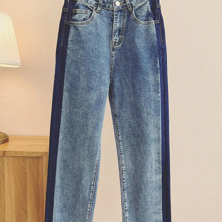 Korean Ankle Length New Hight Waist Side Stripe Straight Jeans Woman Baggy Big Size 5xl Wide Leg Denim Pants Spring