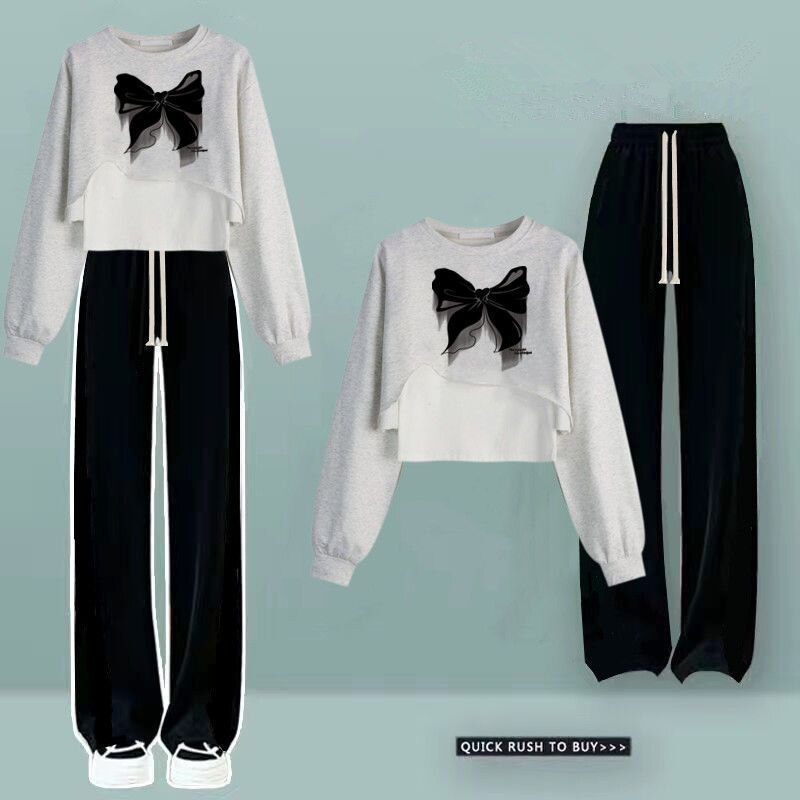 Spring Autumn Women Fashion Short Bowknot T Shirts Korean Casual Sweatshirt Vest Pants 3 Piece Sets Lady Streetwear Outfits 2024 Gray Set